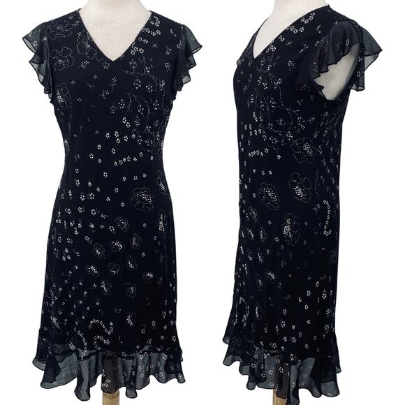 Vintage Dresses & Skirts - Vintage Y2k Beaded Floral Bias Cut Midi Dress Flutter Sleeve Fairy Black Medium
